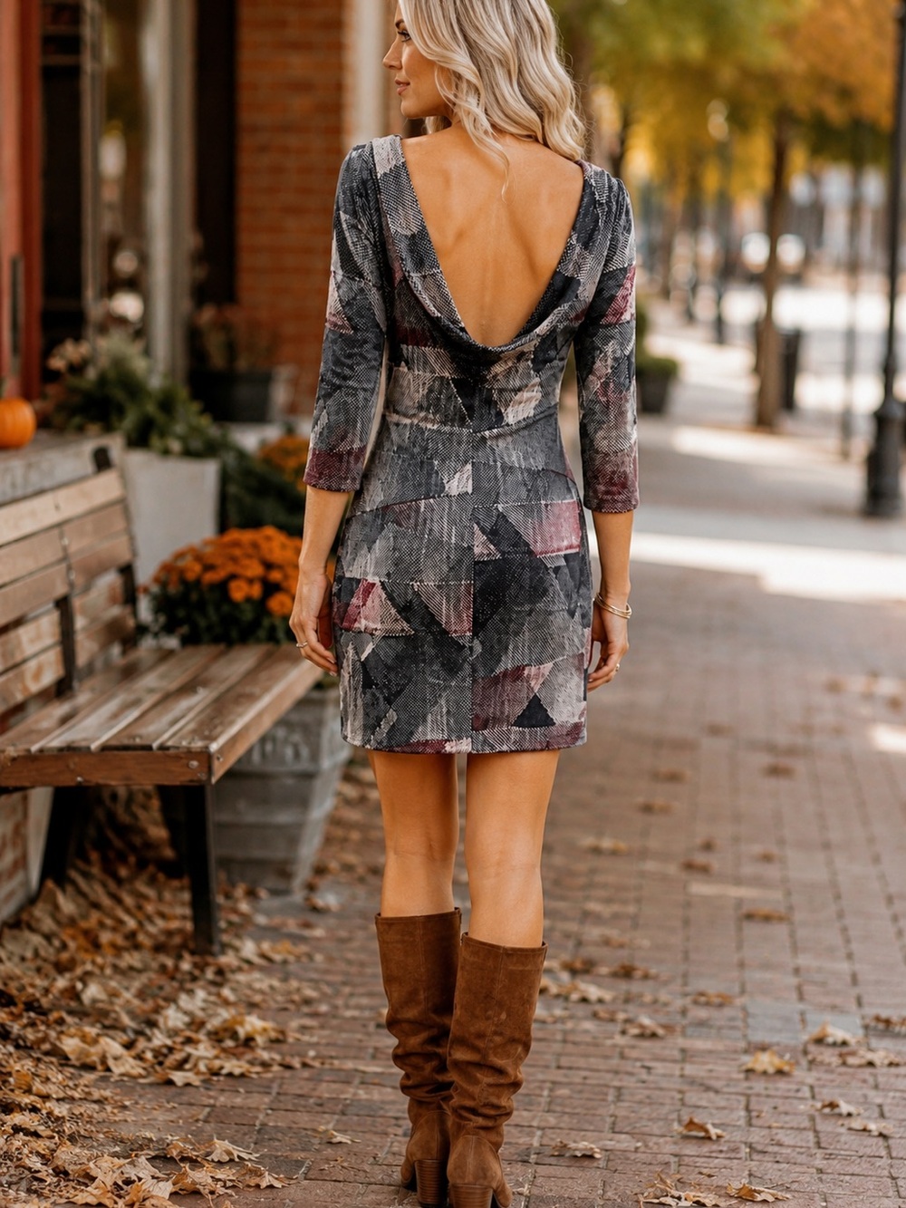 🍁 Jessica Simpson | SIZE 4 | Fall Dress | Cowl Back | Geometric Print